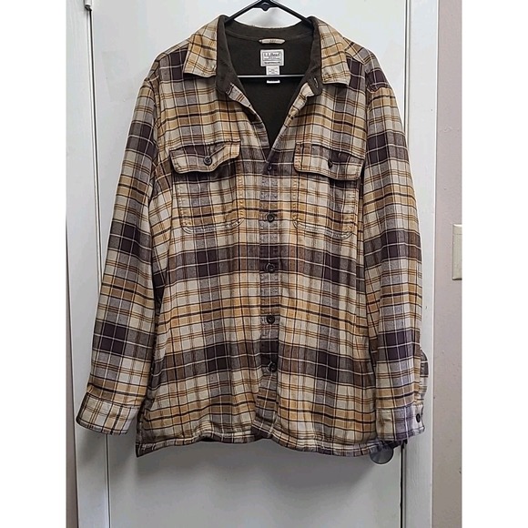 L.L. Bean flannel yellow and brown Button Up sherpa fleece line men's size large - Picture 7 of 9